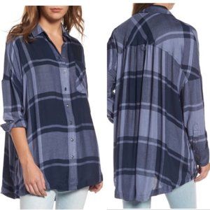Navy blue plaid Free People button-down